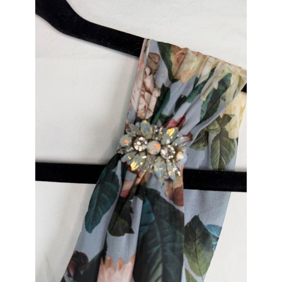 Floral V-Neck Maxi Dress Sleeveless Crystal Brooch Dusty Blue Formal NWT sz 4 - Picture 4 of 16